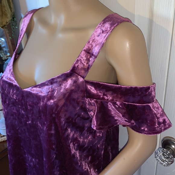 Venus purple velvet velour bare cold shoulder tunic Babydoll shirt top M - Picture 2 of 12